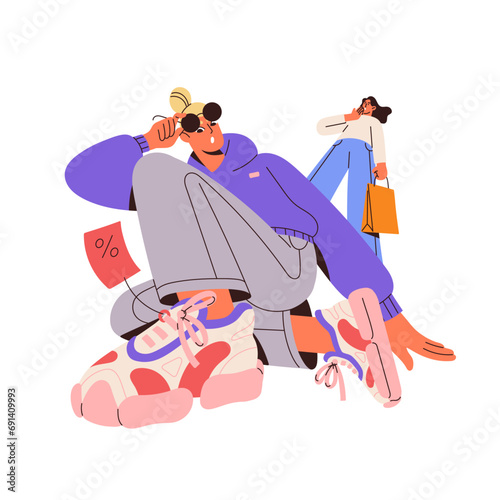 Abstract sales concept. Woman shopping in retail sneaker store. Customer buys boots with percent sign. Consumer make purchases on Black Friday discounts. Flat isolated vector illustration on white
