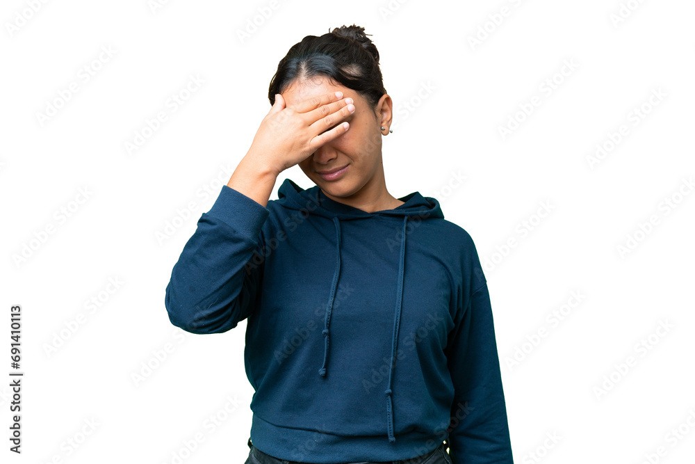 Young Uruguayan woman over isolated chroma key background with headache Young Uruguayan woman over isolated chroma key background with headache
