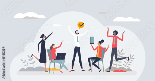 Employee engagement or motivation for effective work tiny person concept. Motivational leader speech for inspiration and satisfaction boost vector illustration. Professional business staff management photo