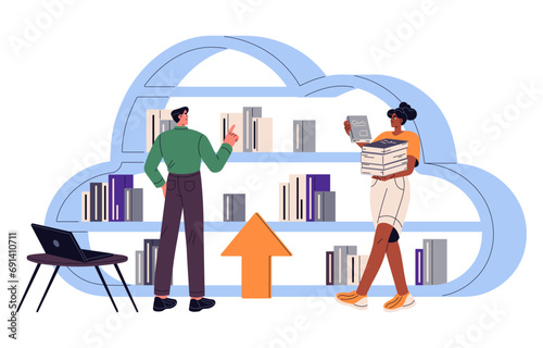 Common cloud storage. Workers using corporate digital disc, virtual server, online library. Data, information on internet hosting service. IOT technology. Flat isolated vector illustration on white