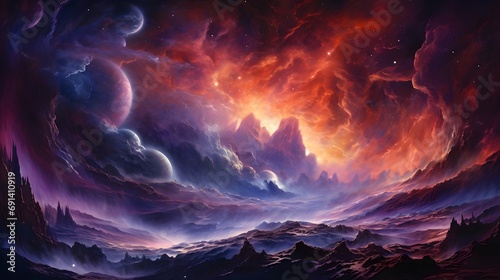 Image that features a symphony of cosmic nebulae, blending vibrant colors and intricate patterns, background image, generative AI