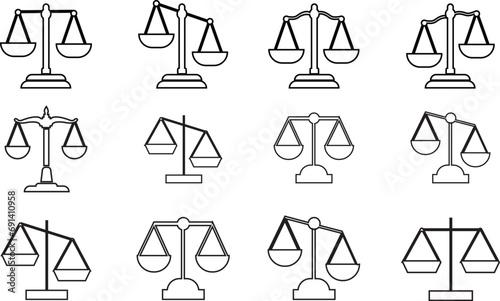 Scale icon. Scales of justice line icon set. Vintage scale in balance and equilibrium. Vector icon of justice scales collection design. group, Weight Icons - Multi Series