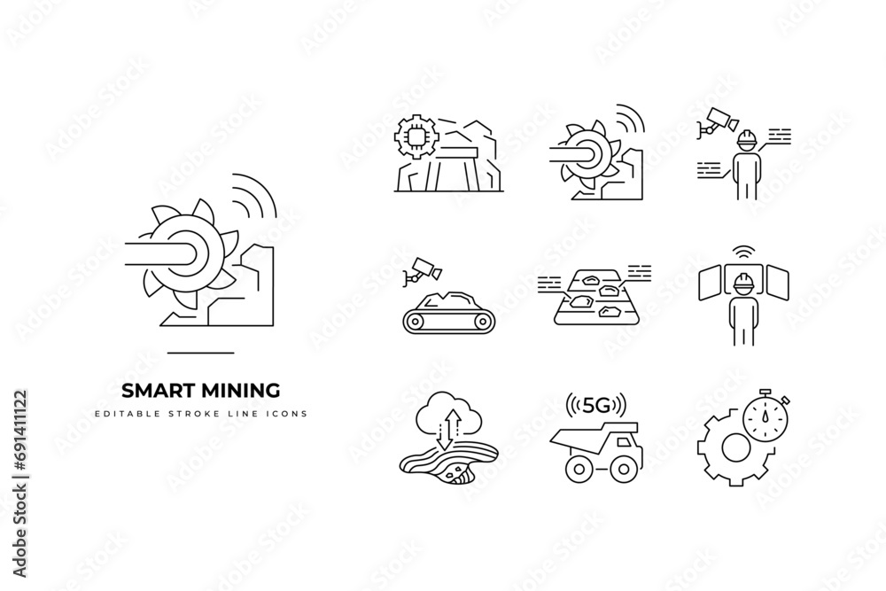 Set of Smart Mining Icon Packs. Simple line art and editable stroke icon packs. mining, smart, mine, icon, coal, dump truck, underground, worker, pickaxe, truck