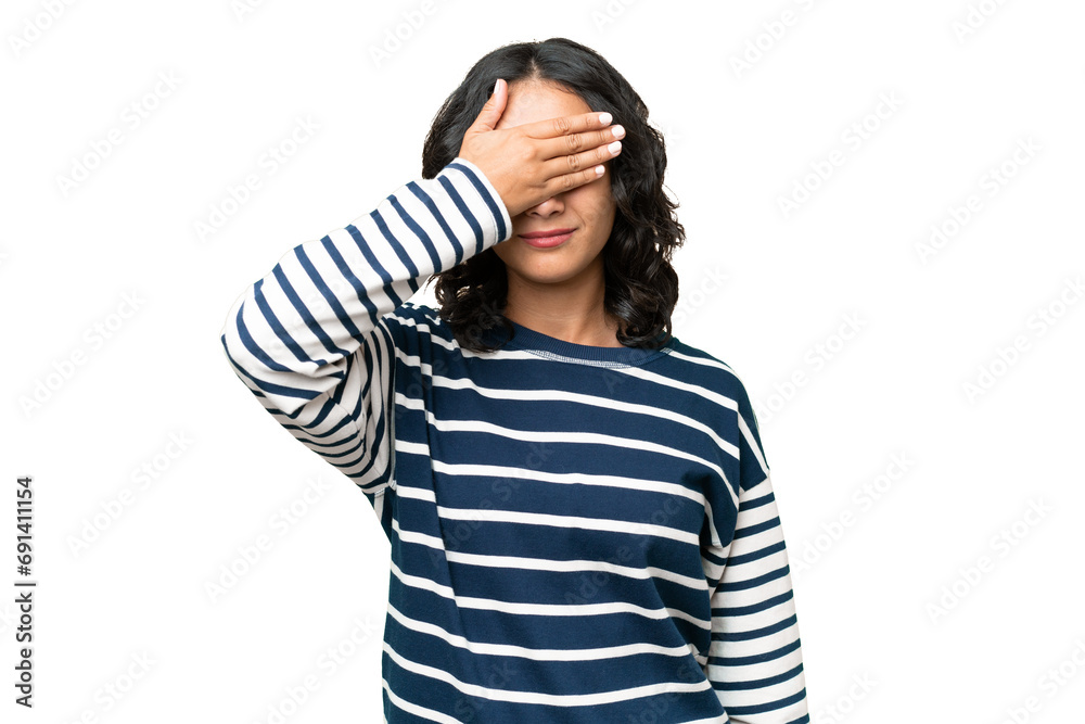Young Argentinian woman over isolated background covering eyes by hands. Do not want to see something Young Argentinian woman over isolated background covering eyes by hands. Do not want to see something