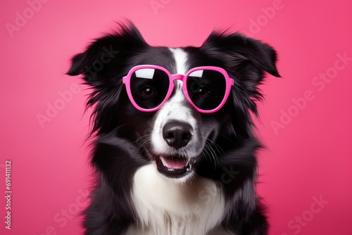 Portrait of a border collie wearing colored sunglases on red background. Generative AI © Gelpi
