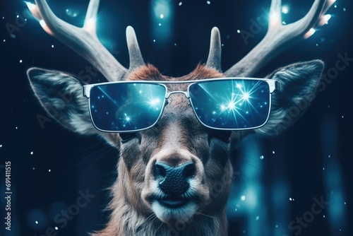 Portrait deer celebrating Christmas night. Generative AI