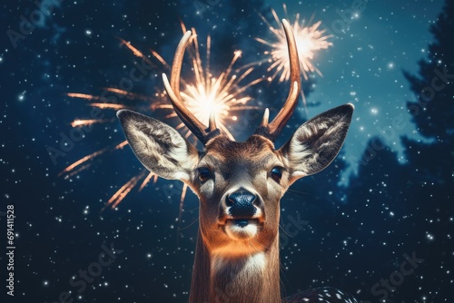 Portrait deer celebrating Christmas night. Generative AI © Gelpi