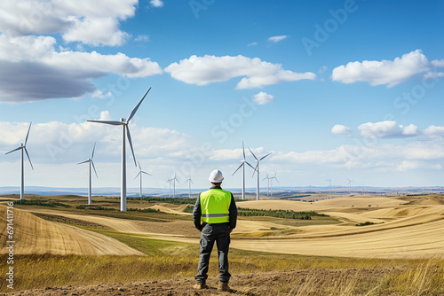 Green Energy in Action: Engineer Working on Alternativ Energy at Wind Farm