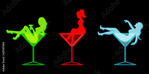 Neon Martini Glass Icon and Girl Silhouette for Bar or Nightclub
