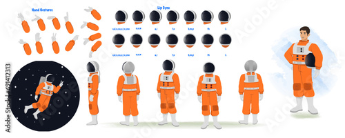  An astronaut model sheet. Space character creation set. Male astronaut turnaround sheet, hand gestures, lip sync