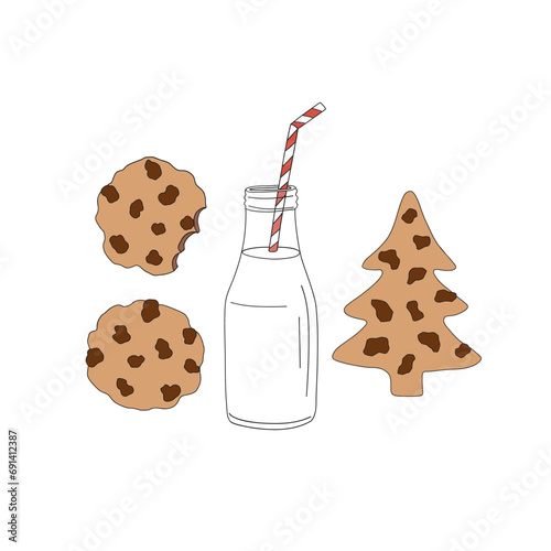 Christmas chocolate chip cookies bottle of milk with cocktail straw vector illustration set isolated on white. Xmas holiday festive season treats sweets snacks food print collection.