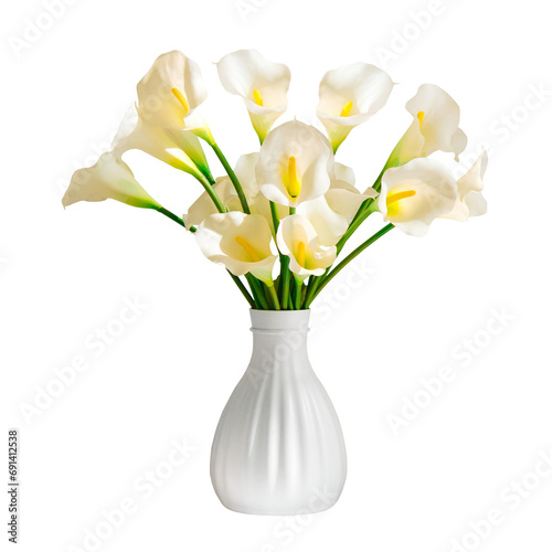 Bouquet of flowers in a white vase, Zantedeschia calla aethiopica blanc. Isolated on transparent background, png.