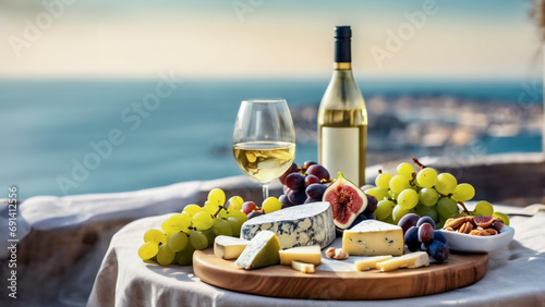 Gastronomia Raffinata- Piatto di Formaggi con Uva, Noci, Fichi e Vino Bianco, Tavolo con Vista sul Mare photo