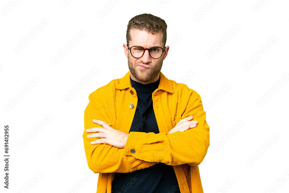 Young handsome blonde man over isolated chroma key background with unhappy expression