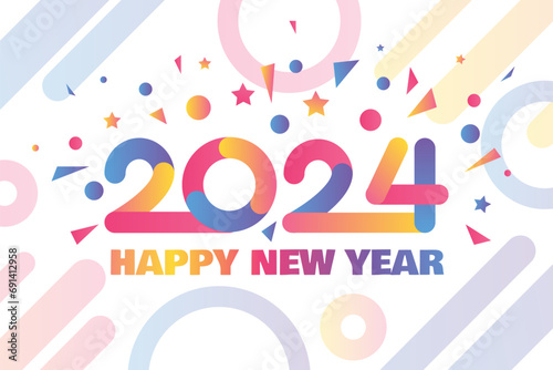 Horizontal Neon Happy 2024 New Year A4 Holiday poster in neon glow colors with 2024 inscription. Template for printing, announcement poster for inviting guests to celebration. Vector on White back photo
