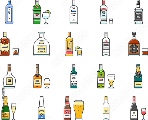alcohol bottle glass drink bar icons set vector. beverage whiskey, liquor brandy, wine alcoholic, party, champagne restaurant, vodka alcohol bottle glass drink bar color line illustrations