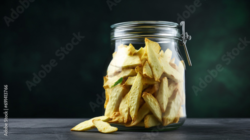 Organic soursop chips storage in glass jar photo
