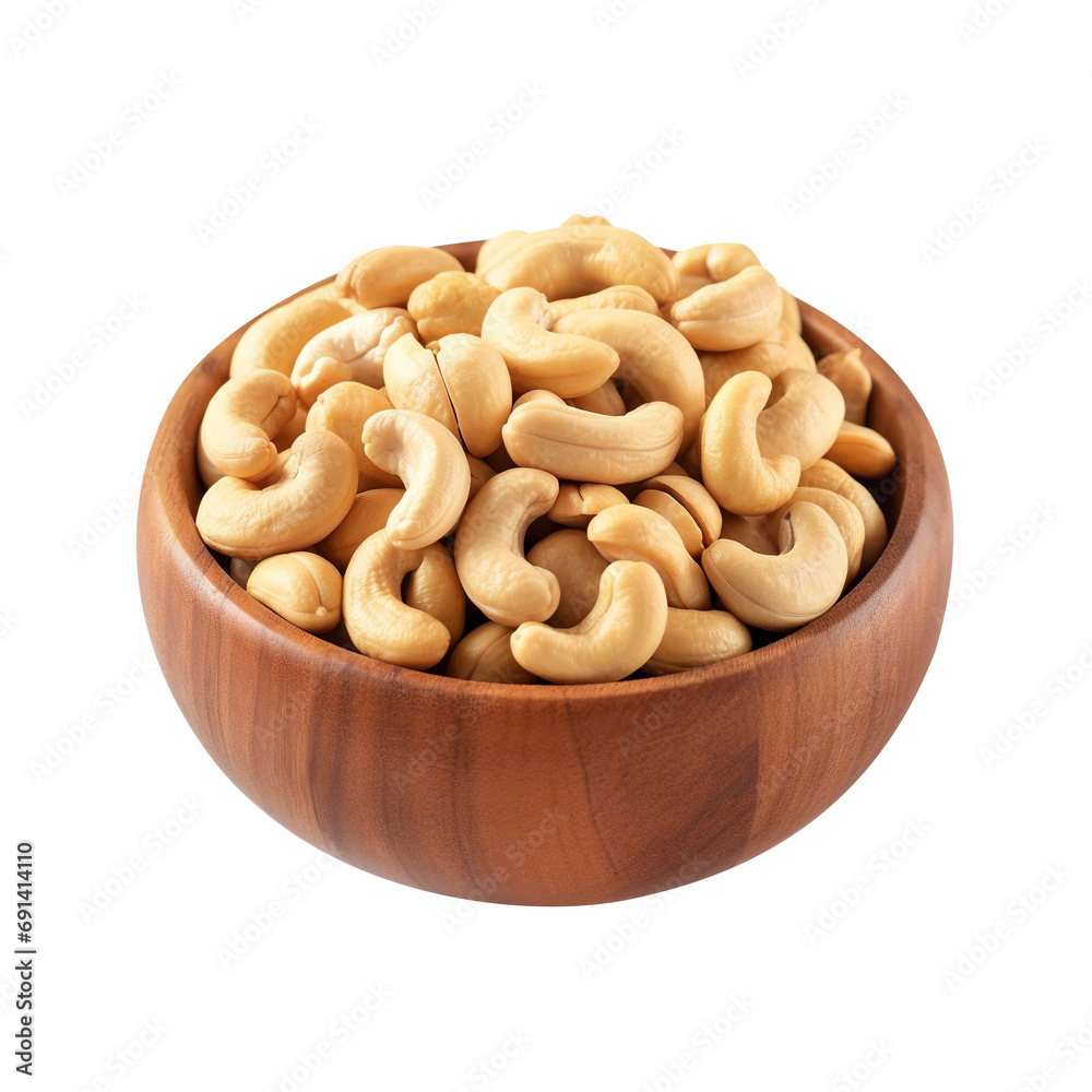 Cashew nuts in wooden bowl isolated on transparent background Cashew nuts in wooden bowl isolated on transparent background