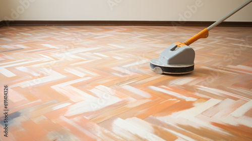 Paint roller painting the parquet floor.