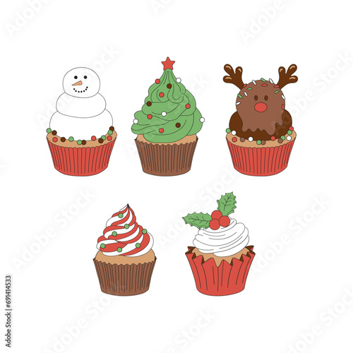 Christmas cupcakes snowman Christmas tree reindeer shape vector illustration set isolated on white. Xmas holiday festive season treats sweets snacks food print collection.