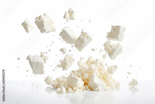 A closeup of crumbled feta cheese, highlighting its natural and fresh Mediterranean appeal.