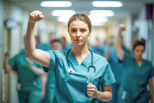 A group of nurses and doctors marching in hospital, expressing dissatisfaction with salary issues and advocating for better healthcare. photo