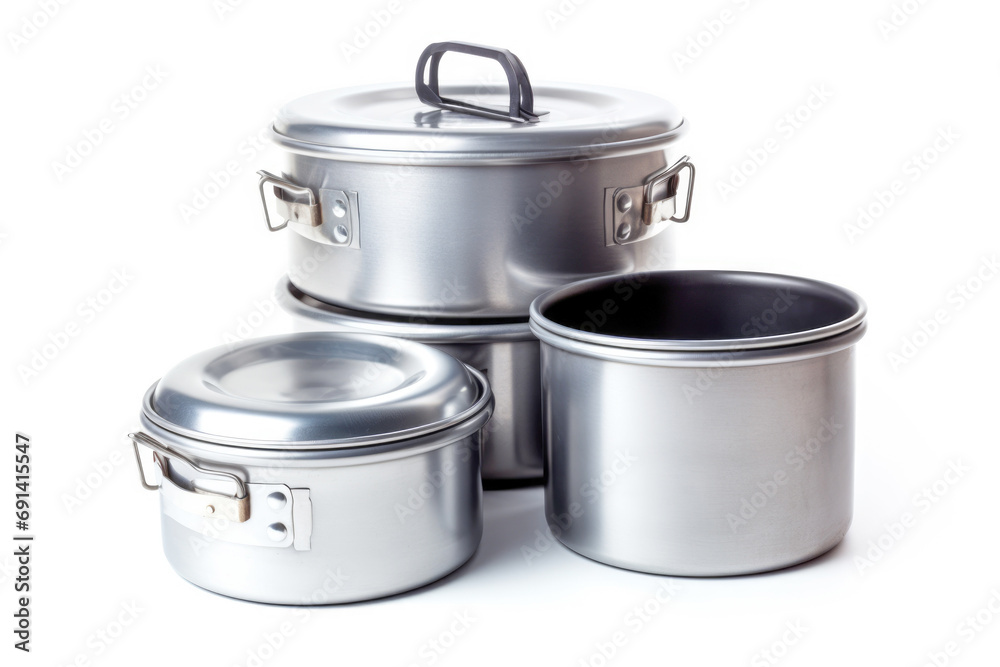 Isolated metal cookware set, ideal for camping with its lightweight design and sturdy construction. Isolated metal cookware set, ideal for camping with its lightweight design and sturdy construction.