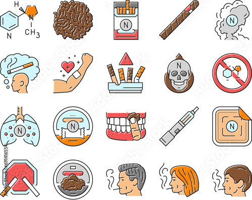 nicotine cigarette tobacco smoke icons set vector. smoke addiction, health chemical, chemistry formula, drug molecule, molecular stop nicotine cigarette tobacco smoke color line illustrations