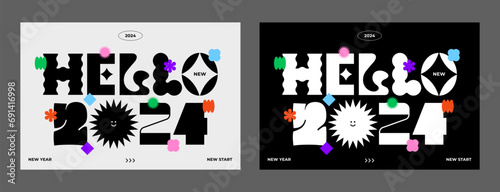 2024 Happy New Year typography. Trendy geometric element. Cool background. Playful abstract shape sticker. Brutalism aesthetic modern font type. Retro style design. Colorful flat vector illustration.
