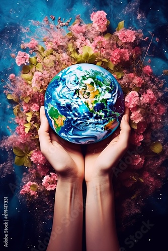 Human hands embracing a flourishing planet adorned with blooming trees