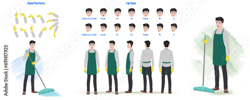 A cleaner, cleaning service model sheet, creation set. receptionist turnaround sheet, hand gestures, lip sync