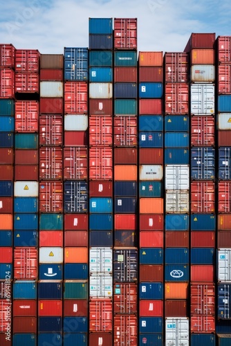 Shipping containers neatly stacked at a bustling port