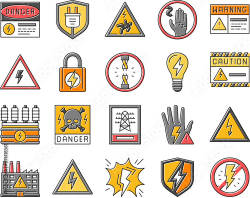 electric danger shock power icons set vector. voltage hazard, safety energy, warning high risk, lightning cable, bolt, caution electric danger shock power color line illustrations