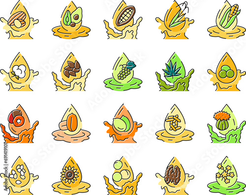 oil liquid yellow drop cooking icons set vector. food golden, bottle olive, gold organic, fuel water, splash beauty, abstract argan oil liquid yellow drop cooking color line illustrations