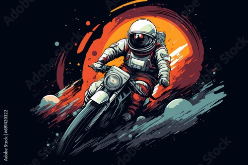 An astronaut in a spacesuit rides a motorcycle in space. photo