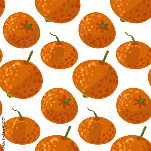 Seamless tangerine pattern falling. Vector fruit ornament. Citrus texture, whole tangerines in different turns on white. Vector design of mandarin for printing, textiles, paper, ornament