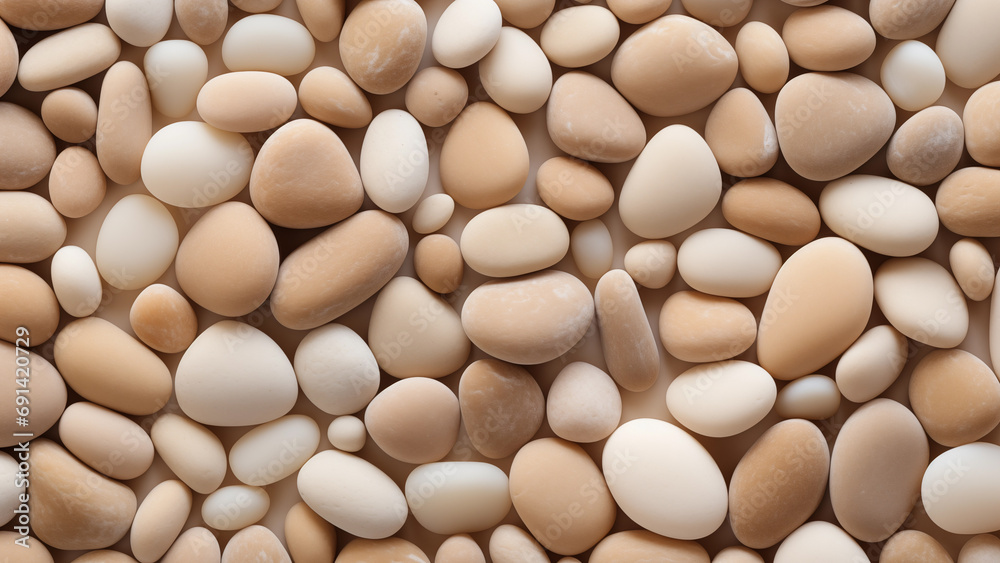 Round beige pebbles fill the screen with a soft and quiet atmosphere. Round beige pebbles fill the screen with a soft and quiet atmosphere.