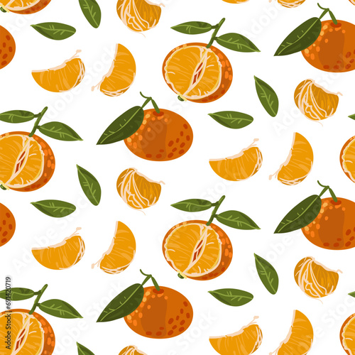 Seamless tangerine pattern with leaves. Vector fruit ornament. The texture of citrus fruits, leaves, slices, peel. Tangerine in different turns, horizontal. Vector design of mandarin for printing