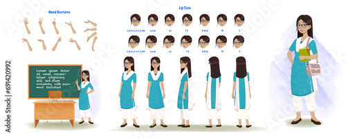 A female teacher, professor model sheet. Teacher creation set. Teacher turnaround sheet, hand gestures, lip sync.
