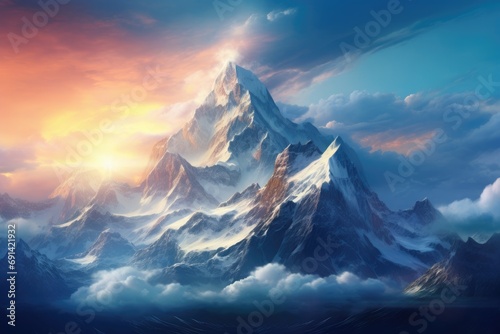 snowy big mountain over the clouds at sunrise nature landscape