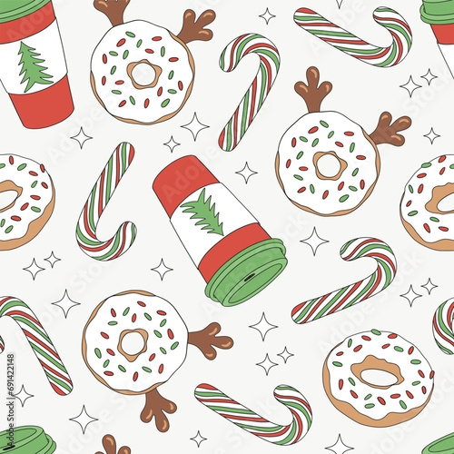 Christmas coffee to go donut with reindeer horns candy cane vector seamless pattern. Xmas holiday festive season treats sweets snacks food background.