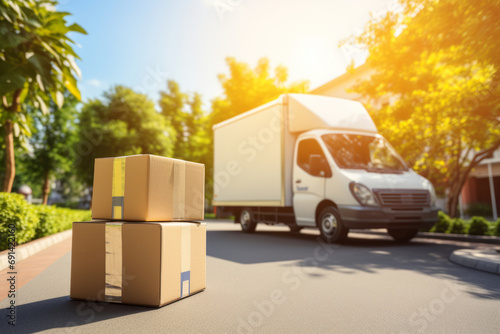 Two packages sitting on the ground next to a delivery truck. Courier service ensure that recipients receive their packages and other items in a timely manner. photo