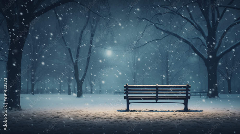 Bench in the park, snow falling