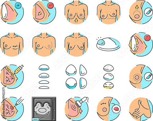 breast surgery body woman plastic icons set vector. beauty implant, medical skin, cosmetic female, health augmentation, chest silicone breast surgery body woman plastic color line illustrations