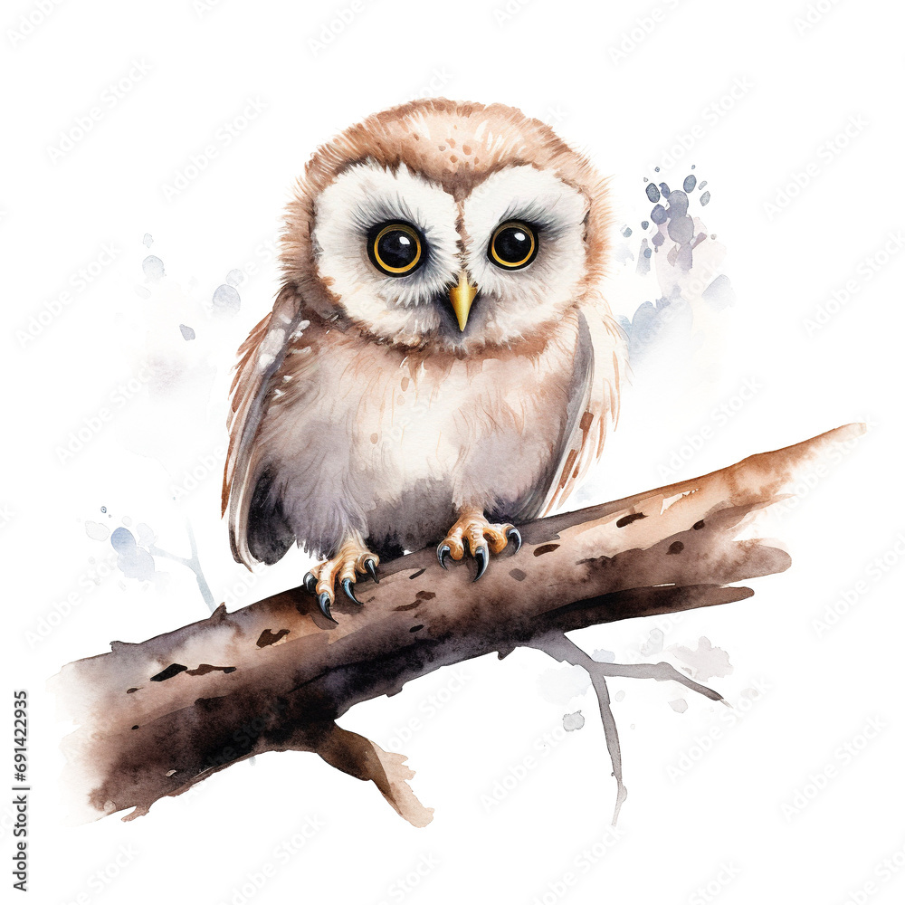 Naklejka premium Owl perched on tree branch cartoon style isolated on transparent background