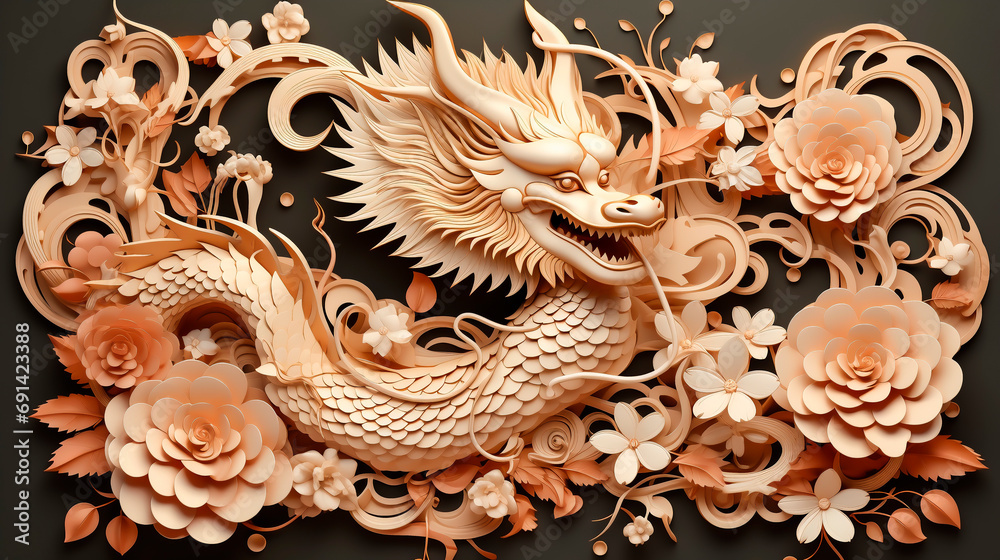 Chinese New Year 2024. Dragon zodiac sign with flower in paper cut style. Asian traditions greeting card design Chinese New Year 2024. Dragon zodiac sign with flower in paper cut style. Asian traditions greeting card design