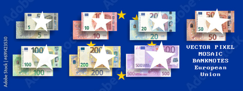 Vector set of pixel mosaic European Union banknotes. Collection of notes in denominations of 5, 10, 20, 50, 100, 200 and 500 euros. Obverse and reverse. Play money or flyers. photo