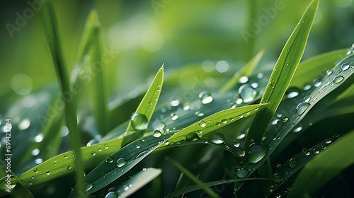 grass with dew drops, close-up of water droplets on wasabi leaves, close-up of water droplets on wasabi leaves photo