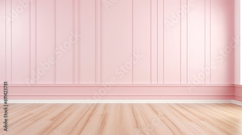 Elegant empty room with pink tall walls. Frame wall molding decorating. Wooden floor. Copy space. Generative AI