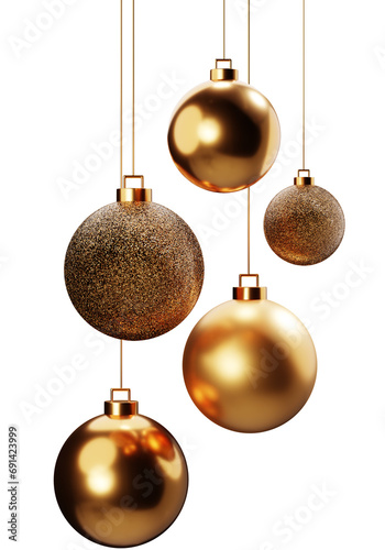 Gold Christmas balls hanging on gold strings 3d render illustration. Christmas decorations.